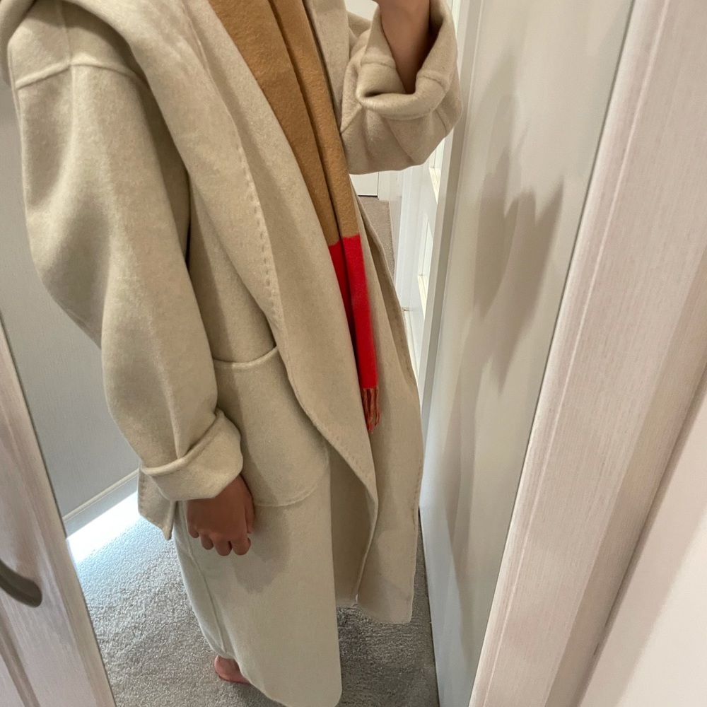 Double face wool-blend h hooded wrap coat, beige